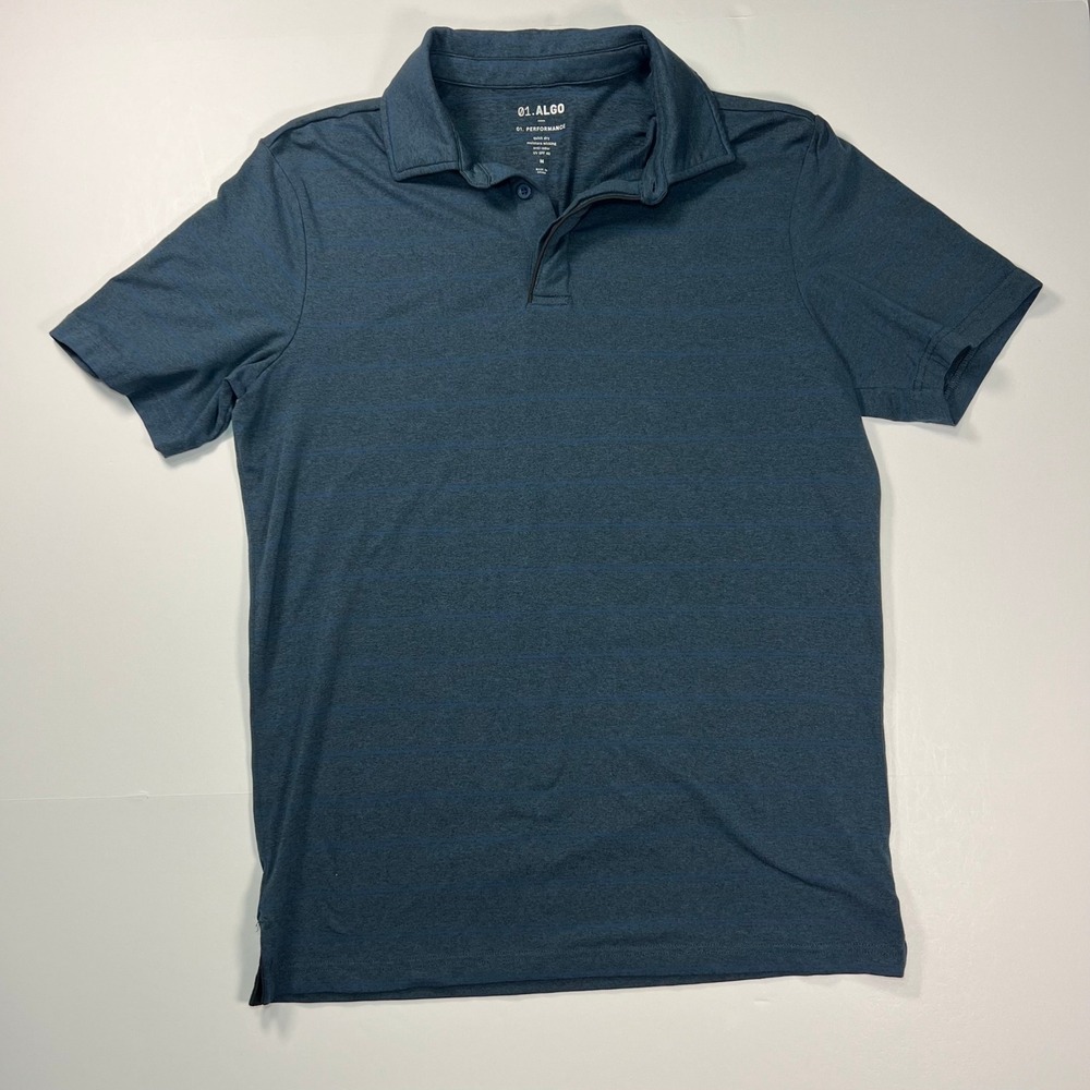 01.Algo Performance Polo Shirt Mens Medium Blue Striped Quick Dry UV SPF 40